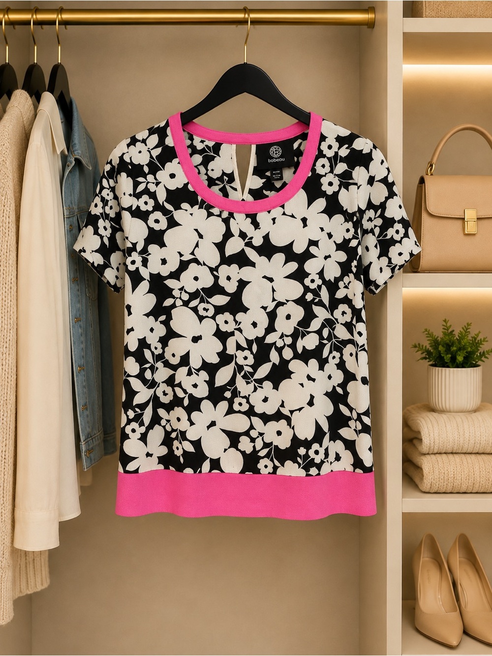 Floral Contrast Trim Short Sleeve Top - Black/White with Pink Trim